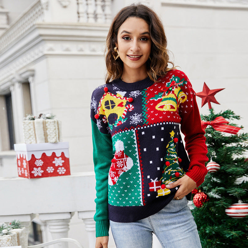 Women's Christmas Tree Snowflake Knitted Sweaters Long Sleeve Crew Neck Embroidery Pullover Knitwear Winter Tops Clothes myETYN