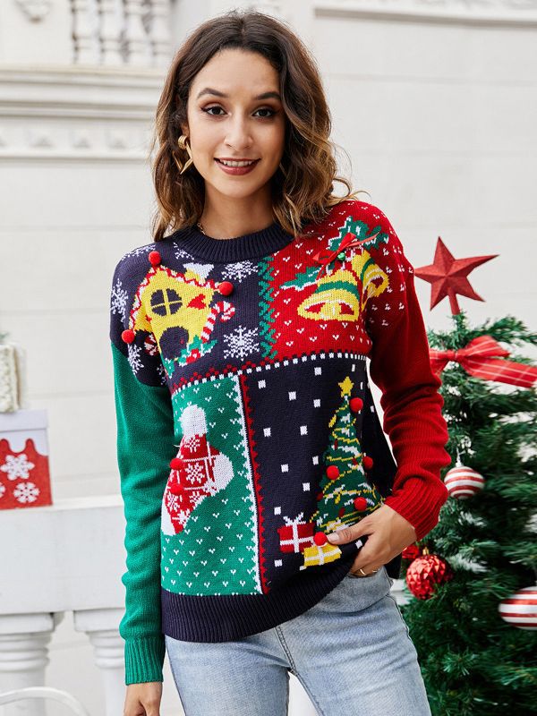 Women's Christmas Tree Snowflake Knitted Sweaters Long Sleeve Crew Neck Embroidery Pullover Knitwear Winter Tops Clothes myETYN