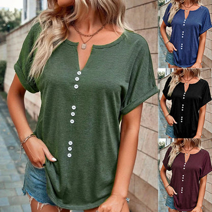 Women's Clothes Hot-selling V-neck Buttons Short Sleeve Top myETYN