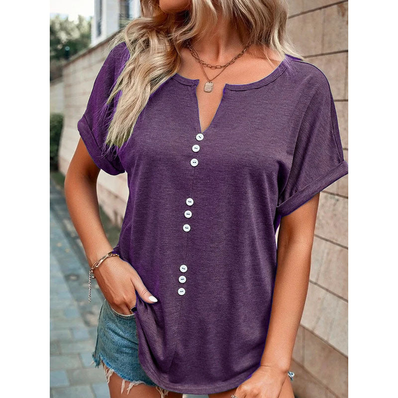 Women's Clothes Hot-selling V-neck Buttons Short Sleeve Top myETYN