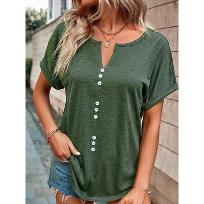 Women's Clothes Hot-selling V-neck Buttons Short Sleeve Top myETYN