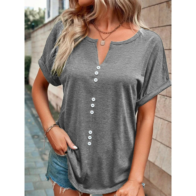 Women's Clothes Hot-selling V-neck Buttons Short Sleeve Top myETYN