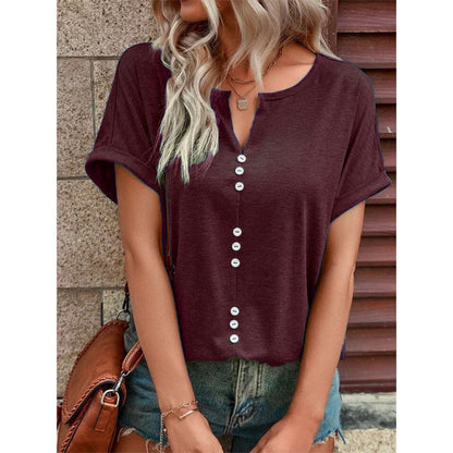 Women's Clothes Hot-selling V-neck Buttons Short Sleeve Top myETYN