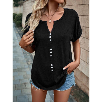 Women's Clothes Hot-selling V-neck Buttons Short Sleeve Top myETYN