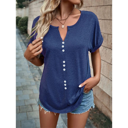 Women's Clothes Hot-selling V-neck Buttons Short Sleeve Top myETYN