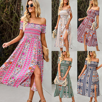 Women's Dress Boho Floral Print Off Shoulder Split Long A Line Beach Dress myETYN