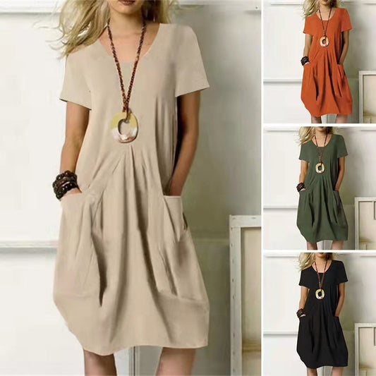 Women's Dress With Pockets Cotton Linen Solid Color Loose Round Neck Short Sleeve Dress Summer myETYN