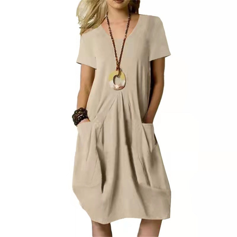 Women's Dress With Pockets Cotton Linen Solid Color Loose Round Neck Short Sleeve Dress Summer myETYN