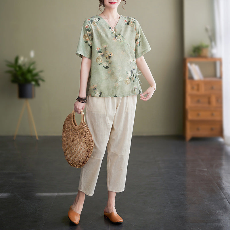 Women's Fashion Artistic Cotton And Linen Printing Suit myETYN