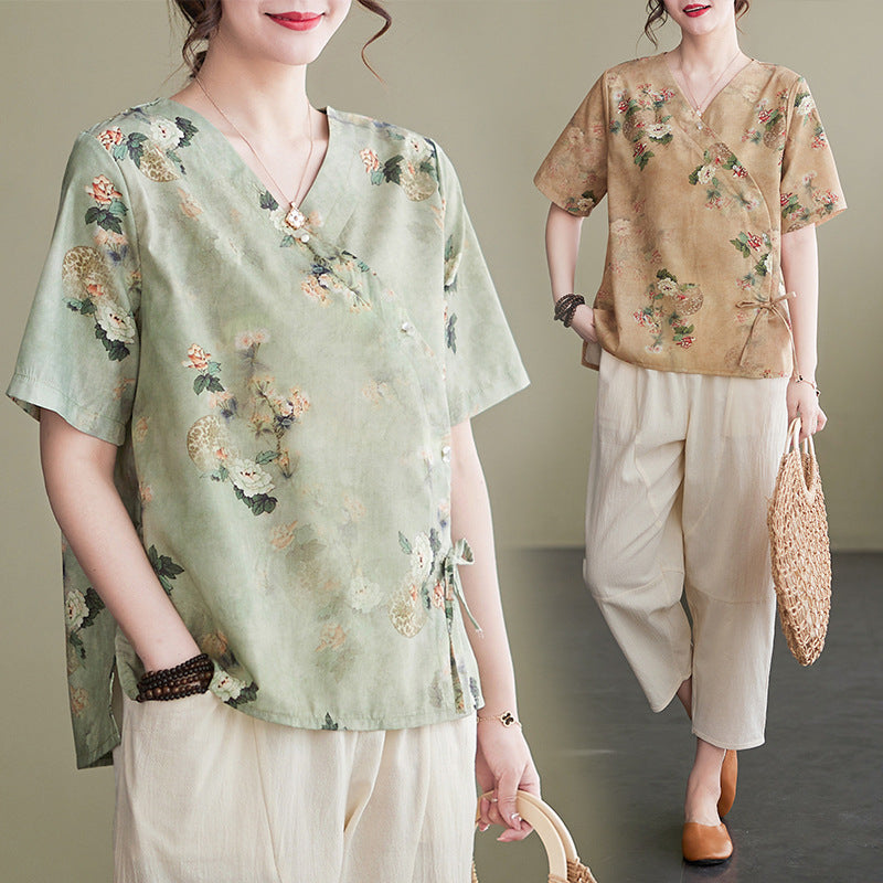 Women's Fashion Artistic Cotton And Linen Printing Suit myETYN