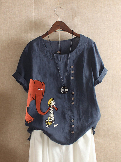 Women's Fashion Cartoon Printed Cotton And Linen Loose Casual Short-sleeved T-shirt myETYN