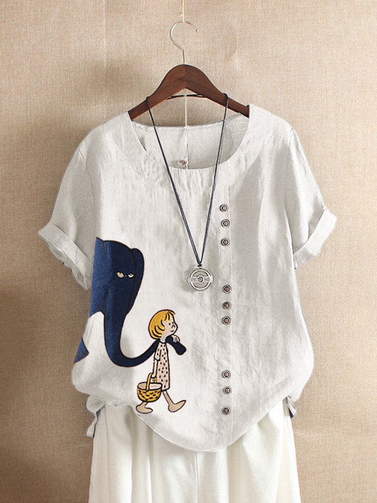 Women's Fashion Cartoon Printed Cotton And Linen Loose Casual Short-sleeved T-shirt myETYN