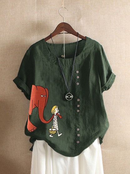 Women's Fashion Cartoon Printed Cotton And Linen Loose Casual Short-sleeved T-shirt myETYN