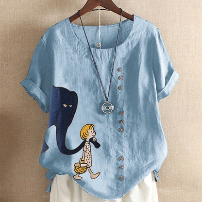 Women's Fashion Cartoon Printed Cotton And Linen Loose Casual Short-sleeved T-shirt myETYN