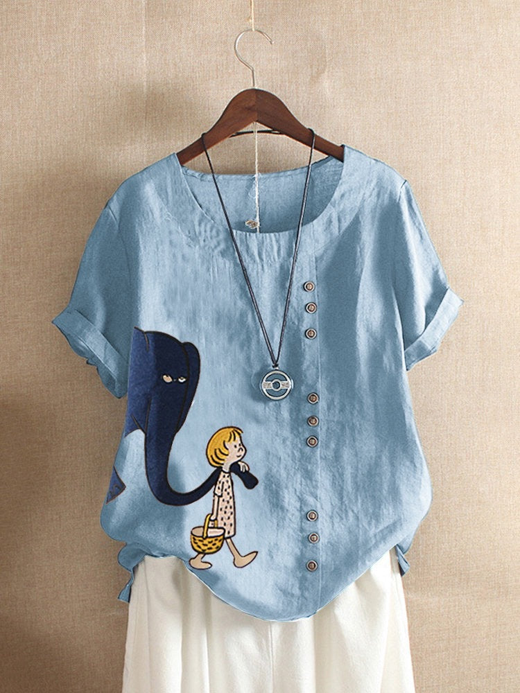 Women's Fashion Cartoon Printed Cotton And Linen Loose Casual Short-sleeved T-shirt myETYN