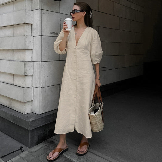 Women's Fashion Casual Cotton Linen V-neck Puff Sleeve Dress myETYN