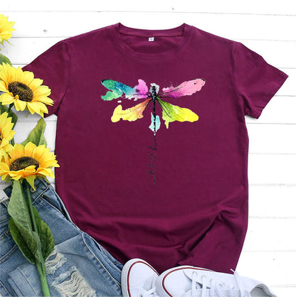 Women's Fashion Casual Dragonfly Printed Round Neck Short Sleeve T-shirt Top myETYN