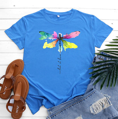 Women's Fashion Casual Dragonfly Printed Round Neck Short Sleeve T-shirt Top myETYN