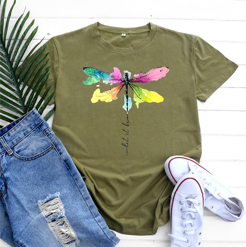 Women's Fashion Casual Dragonfly Printed Round Neck Short Sleeve T-shirt Top myETYN