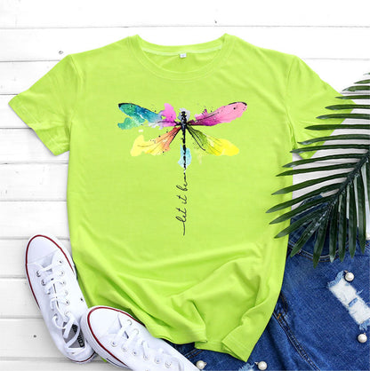 Women's Fashion Casual Dragonfly Printed Round Neck Short Sleeve T-shirt Top myETYN