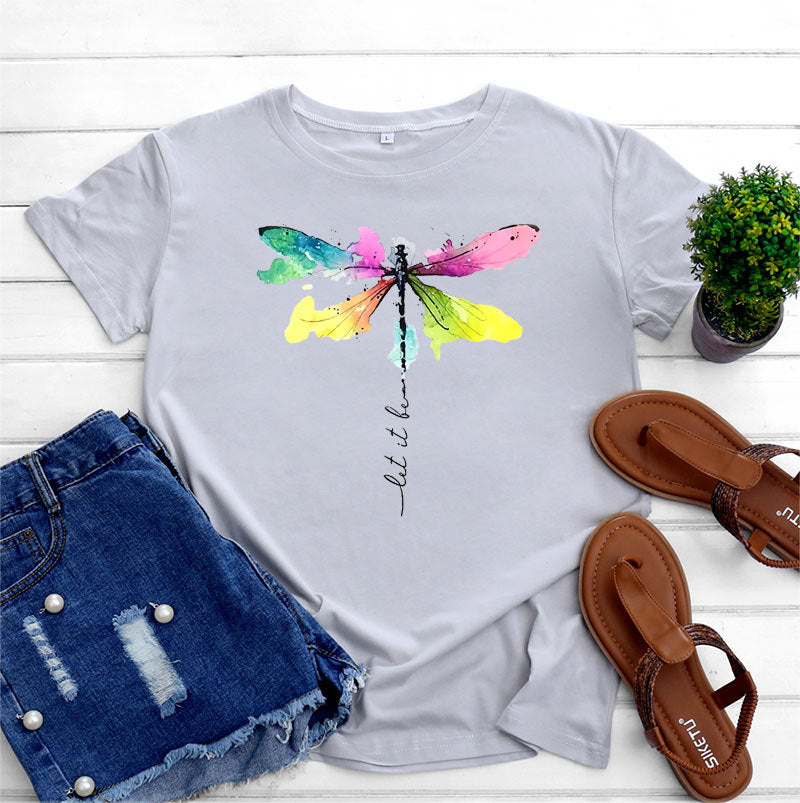 Women's Fashion Casual Dragonfly Printed Round Neck Short Sleeve T-shirt Top myETYN