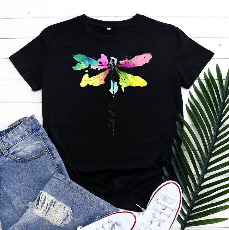 Women's Fashion Casual Dragonfly Printed Round Neck Short Sleeve T-shirt Top myETYN