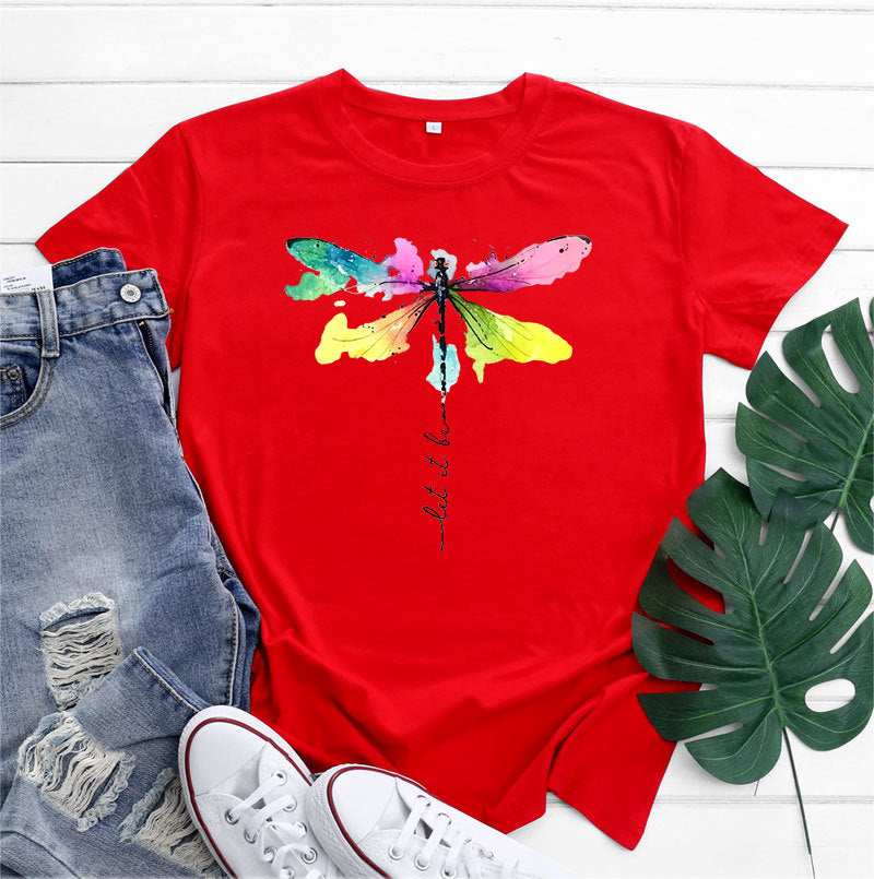 Women's Fashion Casual Dragonfly Printed Round Neck Short Sleeve T-shirt Top myETYN