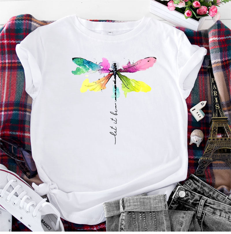 Women's Fashion Casual Dragonfly Printed Round Neck Short Sleeve T-shirt Top myETYN