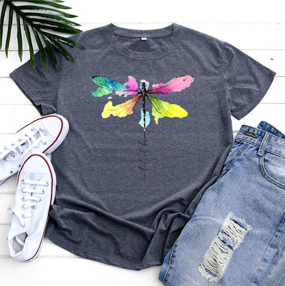 Women's Fashion Casual Dragonfly Printed Round Neck Short Sleeve T-shirt Top myETYN