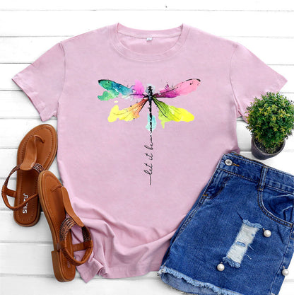 Women's Fashion Casual Dragonfly Printed Round Neck Short Sleeve T-shirt Top myETYN