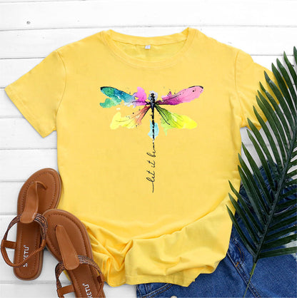 Women's Fashion Casual Dragonfly Printed Round Neck Short Sleeve T-shirt Top myETYN