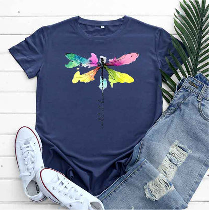 Women's Fashion Casual Dragonfly Printed Round Neck Short Sleeve T-shirt Top myETYN