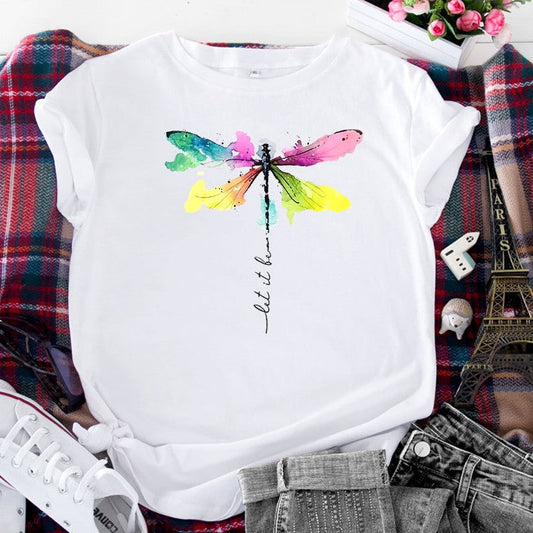 Women's Fashion Casual Dragonfly Printed Round Neck Short Sleeve T-shirt Top myETYN