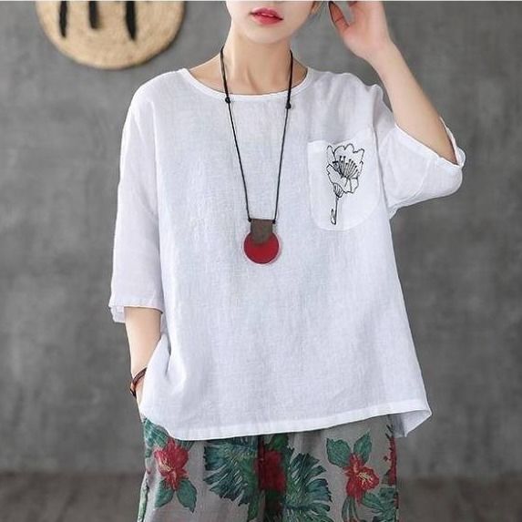 Women's Fashion Casual Embroidered Cotton And Linen T-shirt myETYN