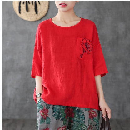 Women's Fashion Casual Embroidered Cotton And Linen T-shirt myETYN