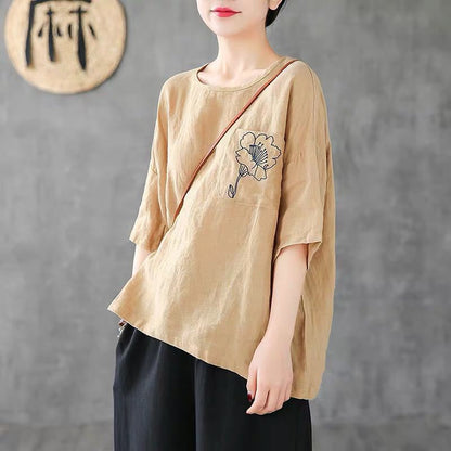 Women's Fashion Casual Embroidered Cotton And Linen T-shirt myETYN