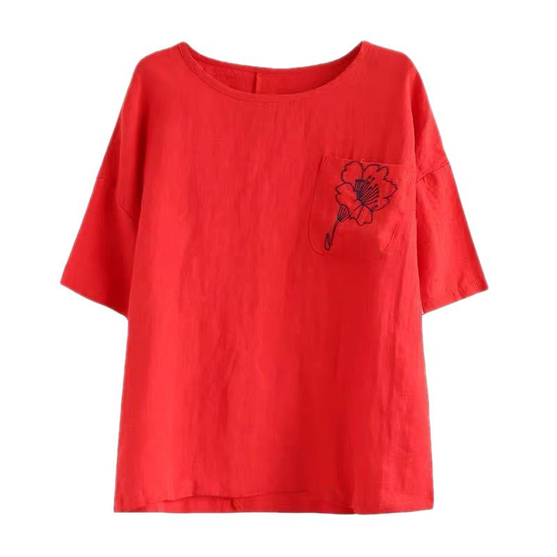 Women's Fashion Casual Embroidered Cotton And Linen T-shirt myETYN