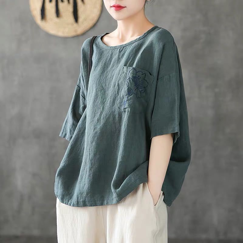 Women's Fashion Casual Embroidered Cotton And Linen T-shirt myETYN