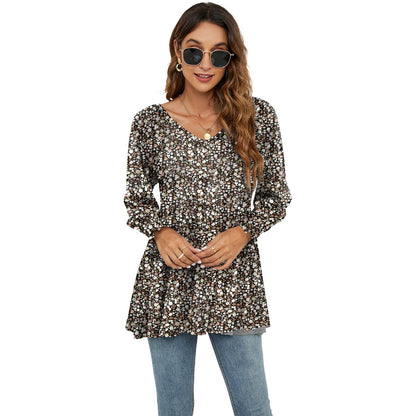 Women's Fashion Casual Printing Bubble Long Sleeve Waist Top myETYN