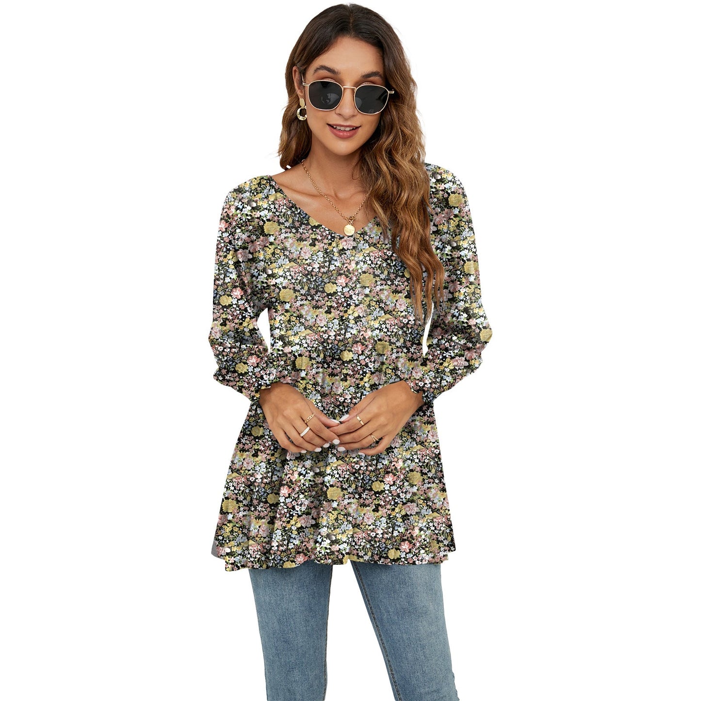 Women's Fashion Casual Printing Bubble Long Sleeve Waist Top myETYN