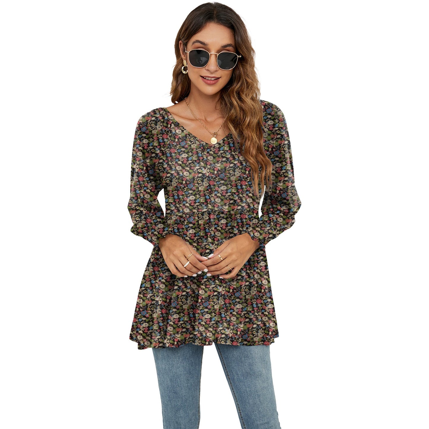 Women's Fashion Casual Printing Bubble Long Sleeve Waist Top myETYN