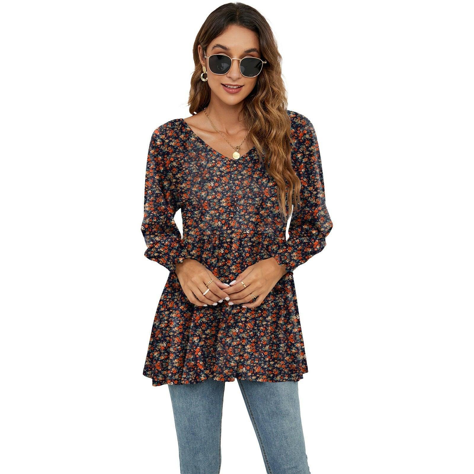 Women's Fashion Casual Printing Bubble Long Sleeve Waist Top myETYN