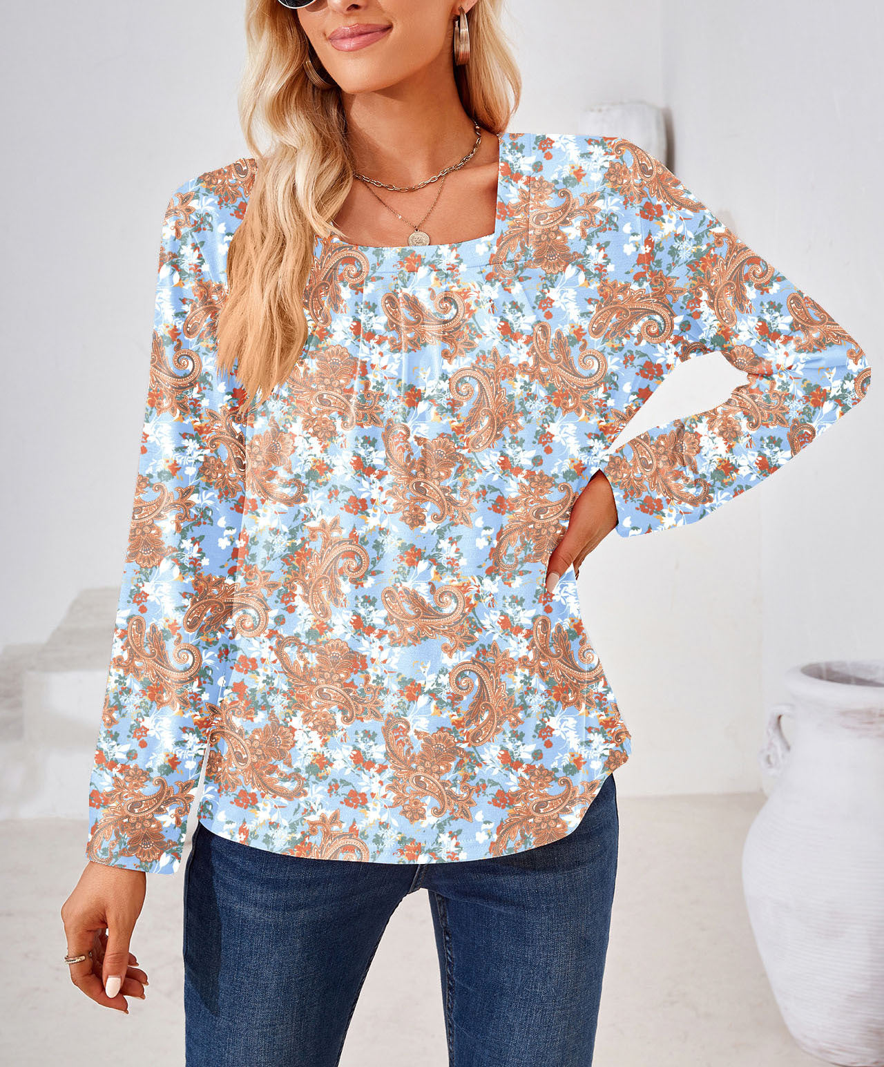 Women's Fashion Casual Square Collar Fold Floral Long Sleeve Loose Top T-shirt myETYN