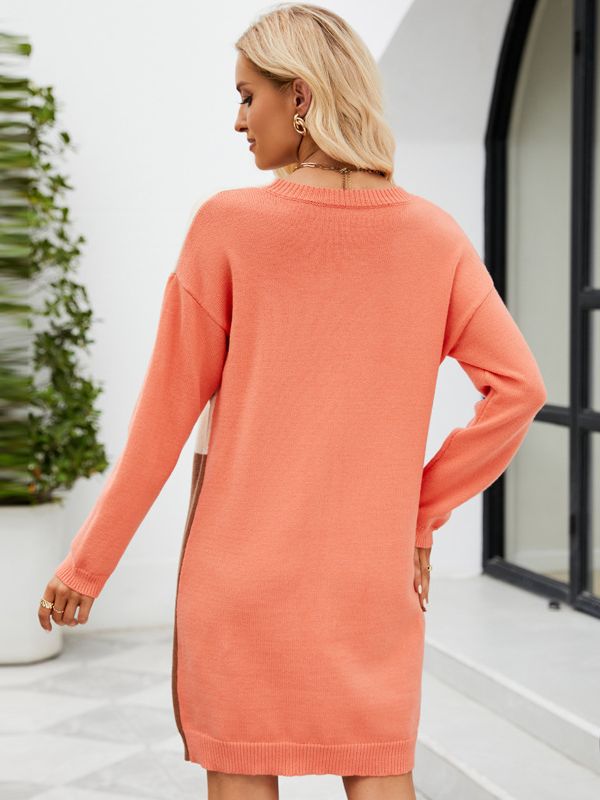 Women's Fashion Loose Temperament Knitted Stitching Contrasting-color Dress myETYN