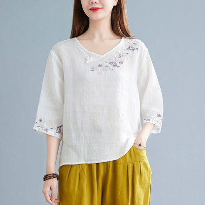 Women's Fashion Retro Chinese Knot Button Embroidery V-neck T-shirt myETYN