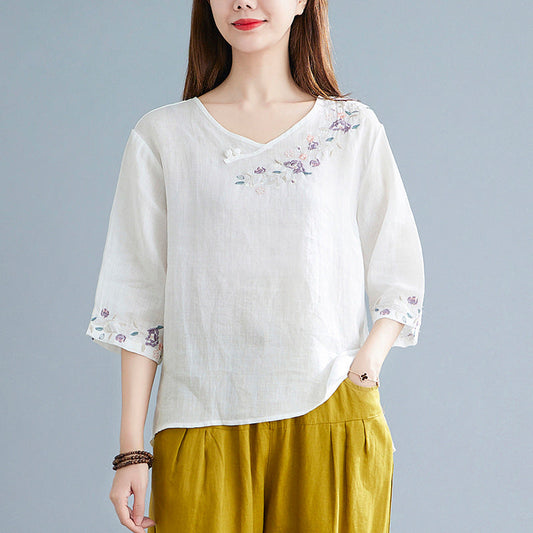 Women's Fashion Retro Chinese Knot Button Embroidery V-neck T-shirt myETYN