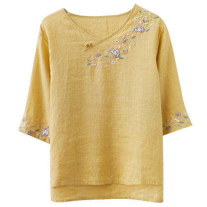 Women's Fashion Retro Chinese Knot Button Embroidery V-neck T-shirt myETYN