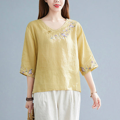 Women's Fashion Retro Chinese Knot Button Embroidery V-neck T-shirt myETYN