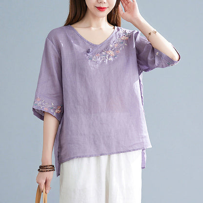 Women's Fashion Retro Chinese Knot Button Embroidery V-neck T-shirt myETYN