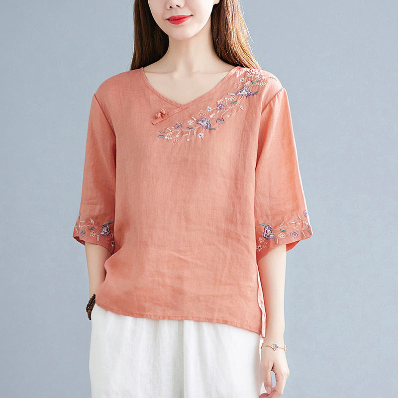 Women's Fashion Retro Chinese Knot Button Embroidery V-neck T-shirt myETYN